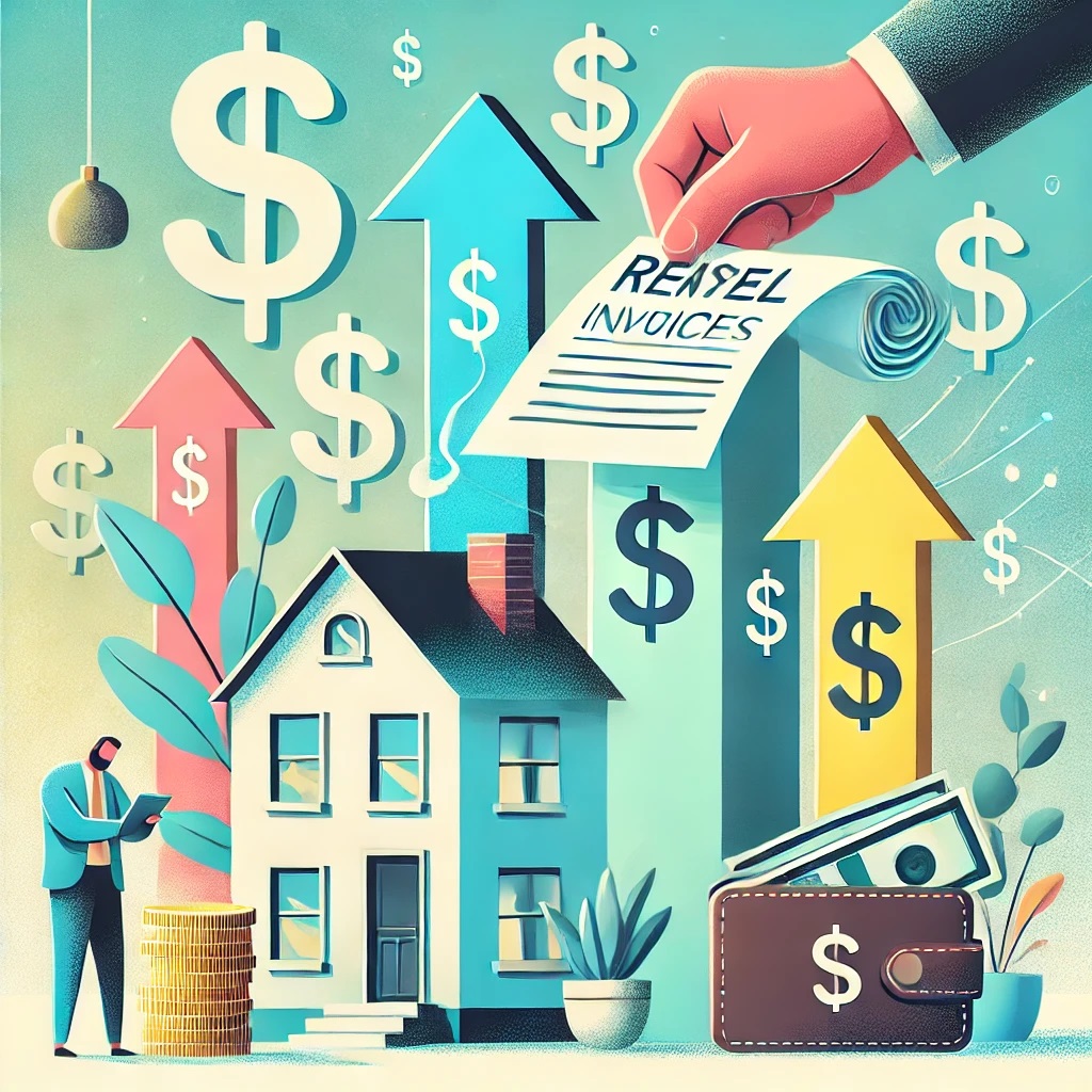 Dall·e 2024 12 11 11.34.41 An Artistic Representation Of Rising Rental Prices, Showing A Stack Of Rental Invoices Growing Taller While A Small Apartment Building Is Surrounded B