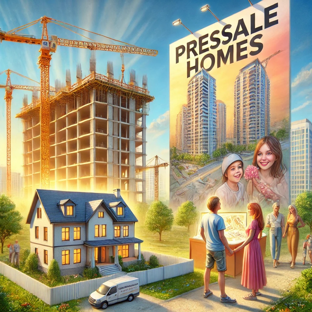 Dall·e 2024 12 11 18.00.45 An Artistic Depiction Of The Presale Housing Market, Showing A Construction Site With Cranes And Unfinished Buildings In The Foreground. In The Backgr