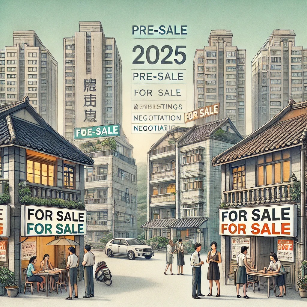 Dall·e 2024 12 12 11.35.48 An Illustration Depicting The Real Estate Market In 2025 In Taiwan. The Scene Features A Typical Urban Taiwanese Neighborhood With Pre Sale Apartment
