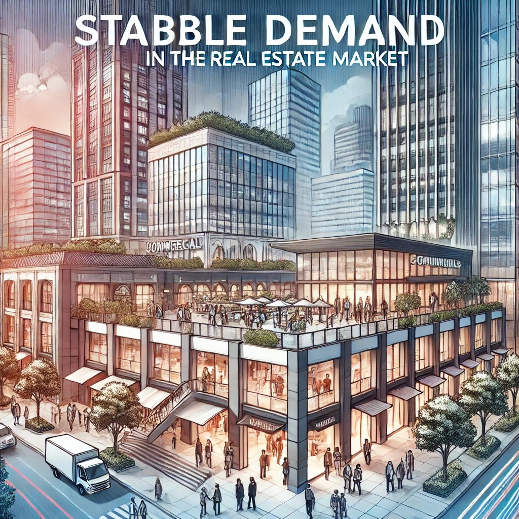 Dall·e 2024 12 12 15.06.40 An Illustration Depicting Stable Demand In The Real Estate Market, Focusing On Commercial Properties. The Scene Showcases A Vibrant Urban Environment