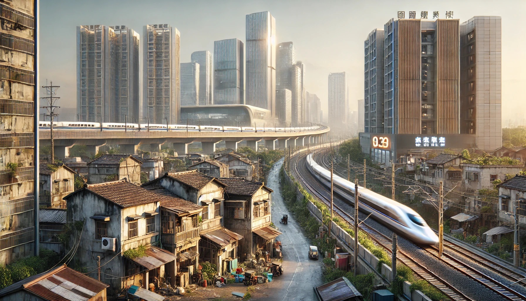 Dall·e 2024 12 13 15.11.34 A Detailed Scene Showcasing The Juxtaposition Of An Old Residential Neighborhood And A Modern Development Area. The Old Community Features Small, Aged