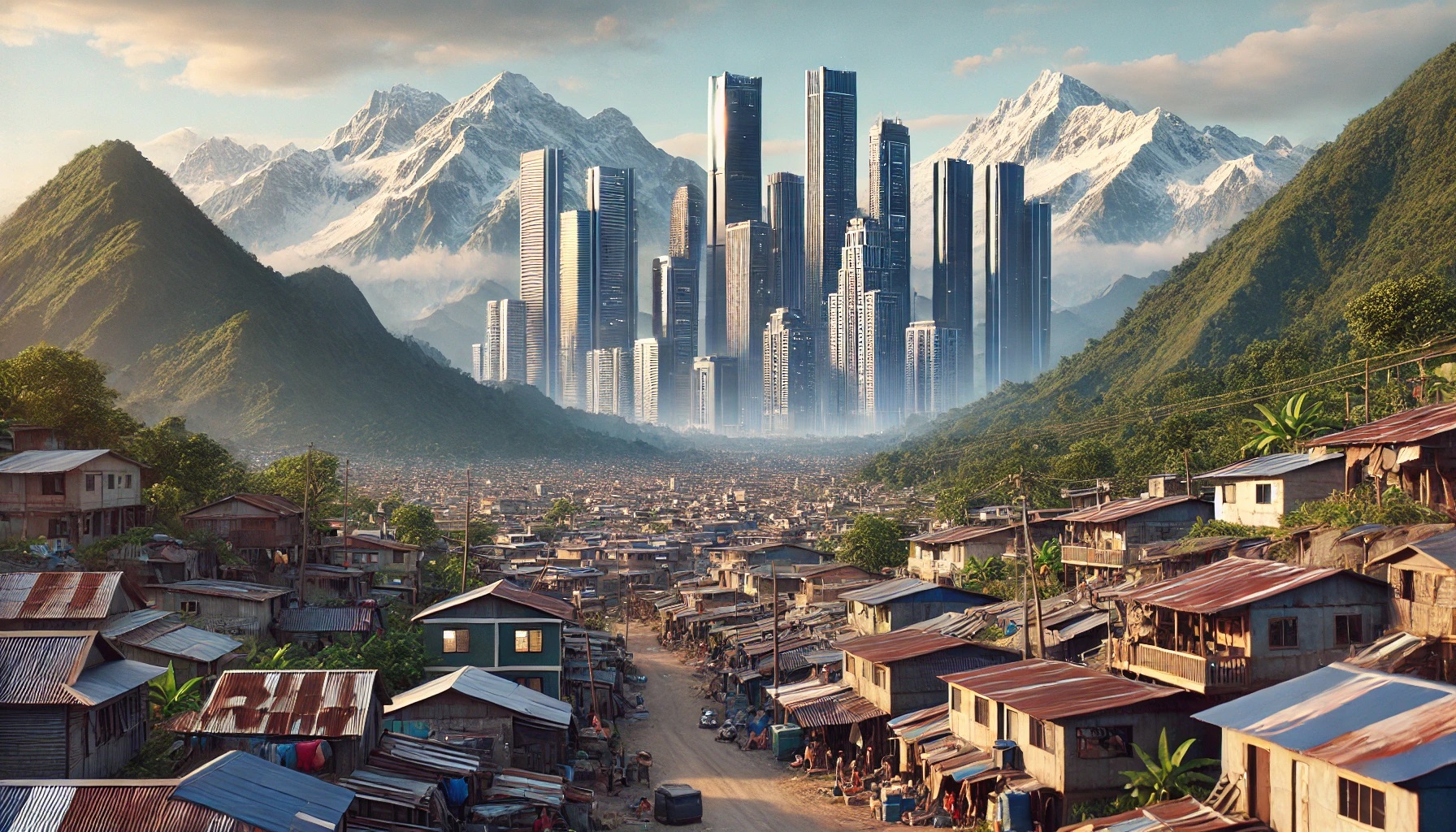 Dall·e 2024 12 17 10.58.06 A Detailed Landscape Featuring Majestic Mountains In The Background, Modern Skyscrapers And Large Commercial Buildings In The Middle Ground, And A Mix