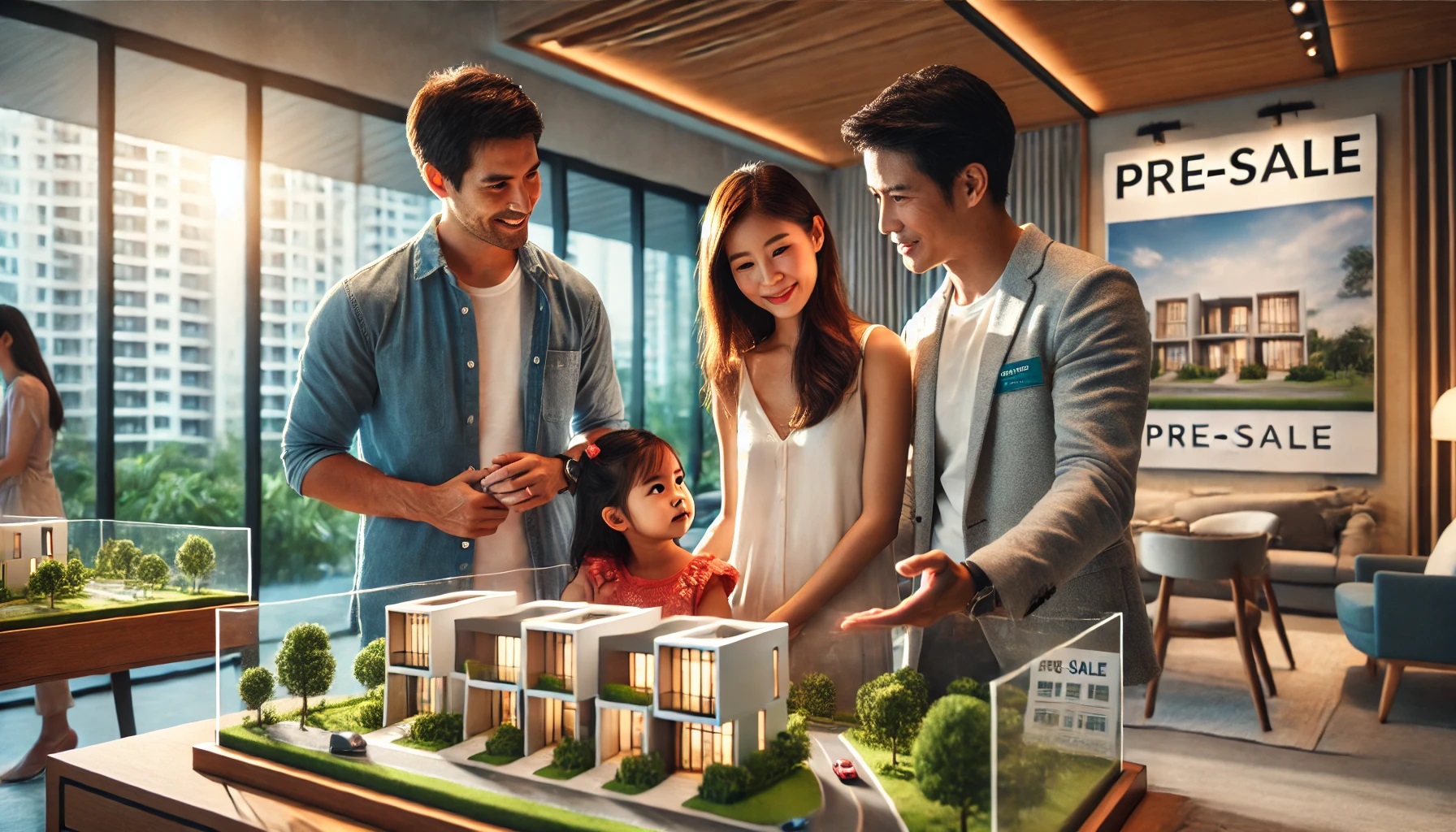 Dall·e 2024 12 18 10.26.59 A Warm And Inviting Scene Of A Family Consisting Of A Husband, Wife, And Young Daughter Visiting A Modern Apartment Complex During A Pre Sale Event. T