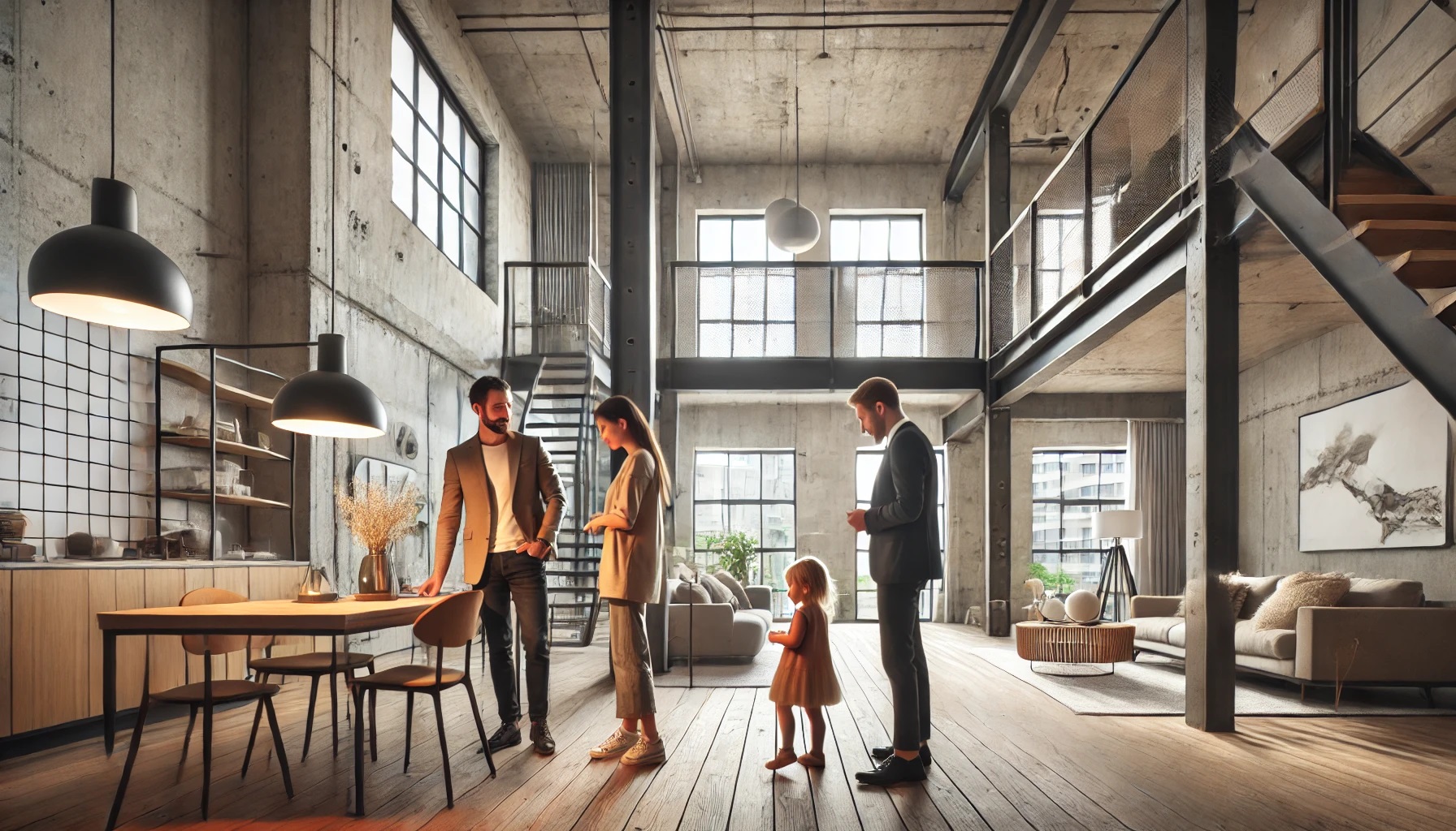 Dall·e 2024 12 18 12.52.38 A Family Consisting Of A Husband, Wife, And Young Daughter Visiting An Industrial Style Apartment During A Pre Sale Event. The Apartment Features Expo