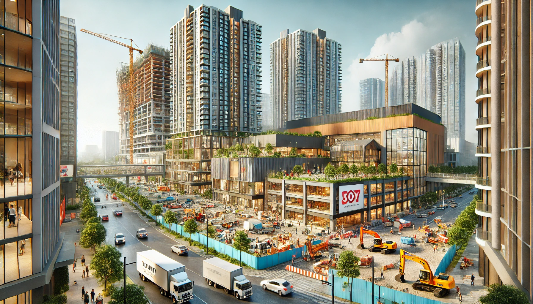 Dall·e 2024 12 20 17.19.41 A Modern Presale Condominium Building Under Construction, Adjacent To A Bustling Construction Site, With A Fully Operational Shopping Mall In The Back