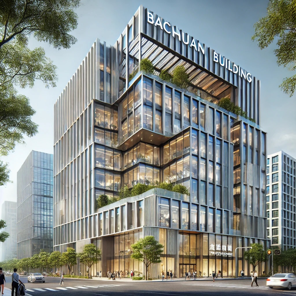 Dall·e 2024 12 23 10.58.58 A Modern Office Building Named 'bachuan Building' Located In An Urban Area, Featuring A Sleek Glass And Steel Facade, Surrounded By Trees And Pedestri